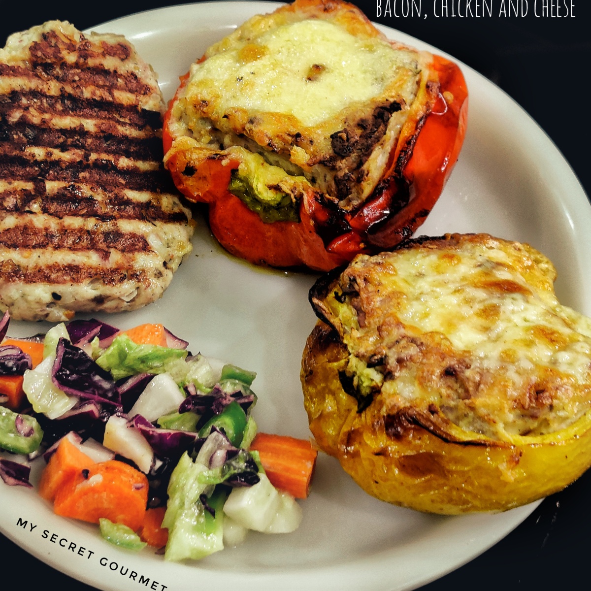 Roasted Bell Peppers Stuffed with Bacon, Chicken and Cheese
